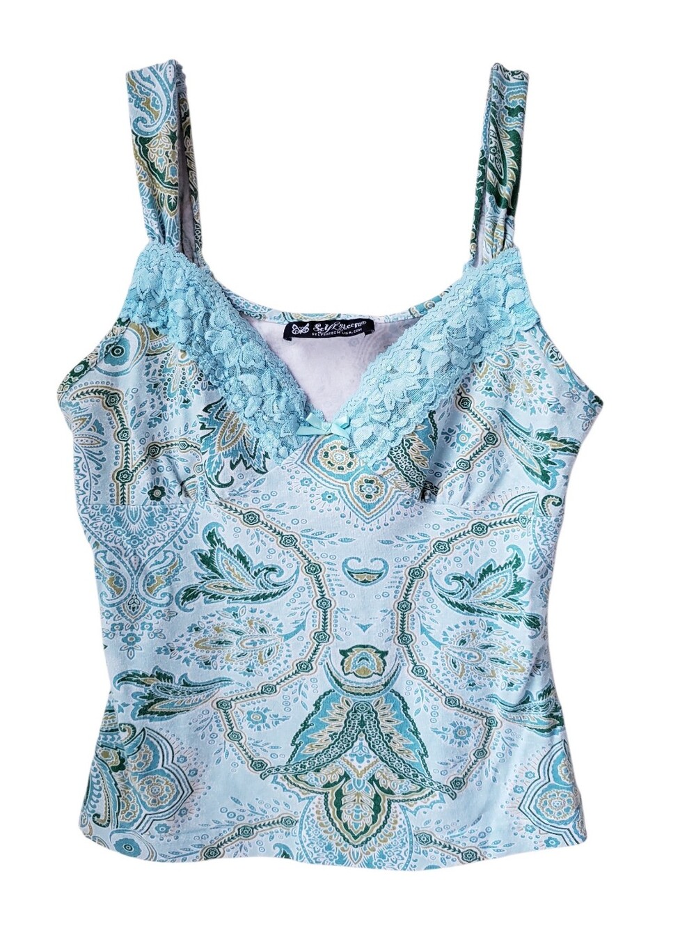 Self Esteem Blue Paisley Print Lace Tank Top